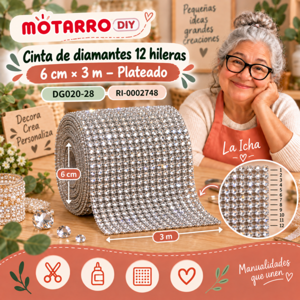 Cinta de diamantes 12 hileras – 6 cm × 3 m – Plateado