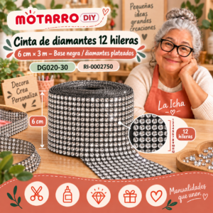 ri-0002750-dg020-30 Cinta de diamantes 12 hileras – 6 cm × 3 m – Base negra con diamantes plateados