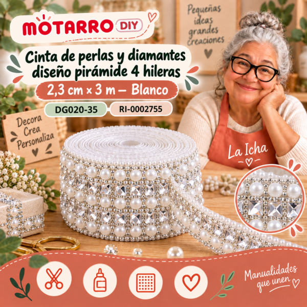 ri-0002755-dg020-35 Cinta de perlas y diamantes diseño pirámide 4 hileras – 2,3 cm × 3 m – Blanco