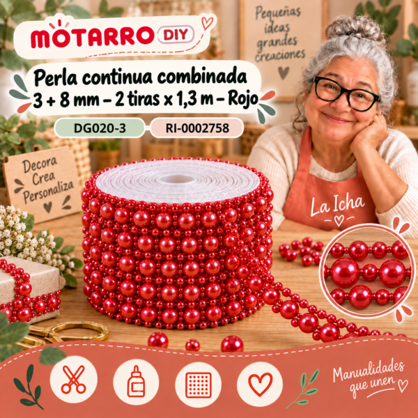 ri-0002758-dg020-3 Perla continua combinada 3 + 8 mm – 2 tiras × 1,3 m – Rojo