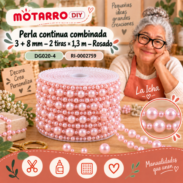 Perla continua combinada 3 + 8 mm – 2 tiras × 1,3 m – Rosado