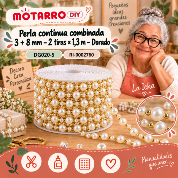 Perla continua combinada 3 + 8 mm – 2 tiras × 1,3 m – Dorado