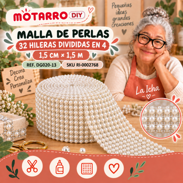 Malla de perlas 32 hileras divididas en 4 – 1,5 cm × 1,5 m – Perla