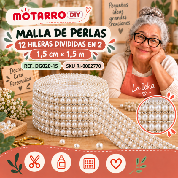 Malla de perlas 12 hileras divididas en 2 – 1,5 cm × 1,5 m – Perla