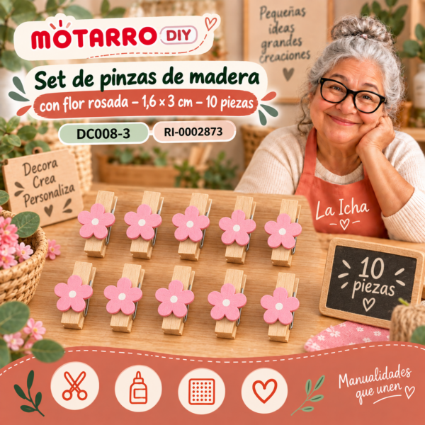 Set de pinzas de madera con flor rosada – 1,6 × 3 cm – 10 piezas