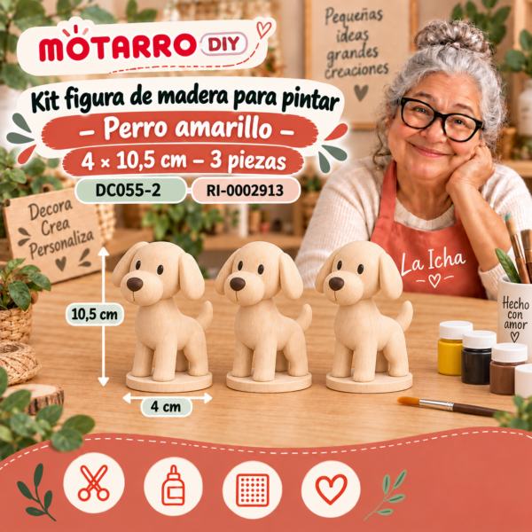Kit figura de madera para pintar – Perro amarillo – 4 × 10,5 cm – 3 piezas