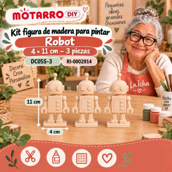 Kit figura de madera para pintar – Robot – 4 × 11 cm – 3 piezas
