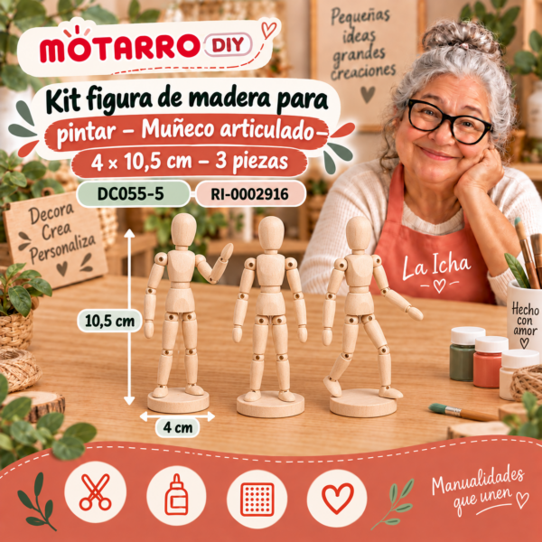 ri-0002916-dc055-5 Kit figura de madera para pintar – Muñeco articulado – 4 × 10,5 cm – 3 piezas