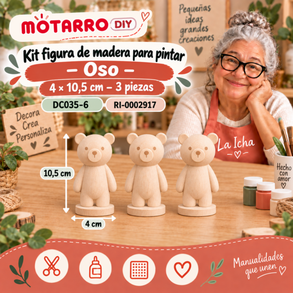 Kit figura de madera para pintar – Oso – 4 × 10,5 cm – 3 piezas
