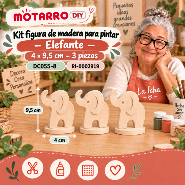 Kit figura de madera para pintar – Elefante – 4 × 9,5 cm – 3 piezas