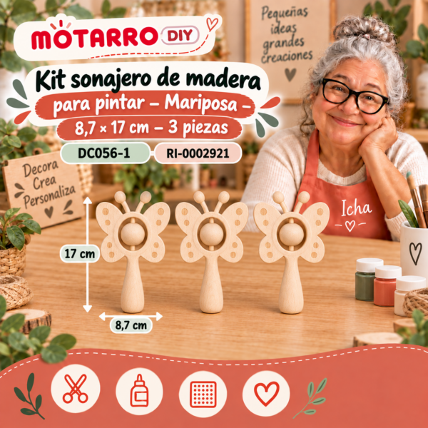 Kit sonajero de madera para pintar – Mariposa – 8,7 × 17 cm – 3 piezas