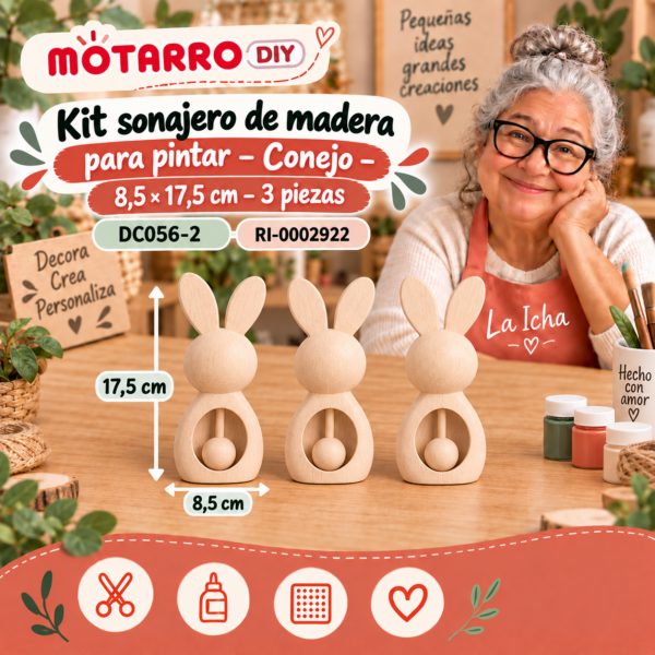 Kit sonajero de madera para pintar – Conejo – 8,5 × 17,5 cm – 3 piezas
