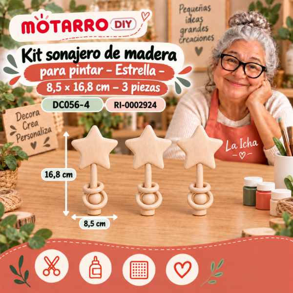 ri-0002924-dc056-4 Kit sonajero de madera para pintar – Estrella – 8,5 × 16,8 cm – 3 piezas