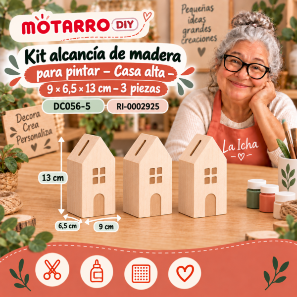 ri-0002925-dc056-5 Kit alcancía de madera para pintar – Casa alta – 9 × 6,5 × 13 cm – 3 piezas