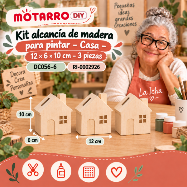 Kit alcancía de madera para pintar – Casa – 12 × 6 × 10 cm – 3 piezas