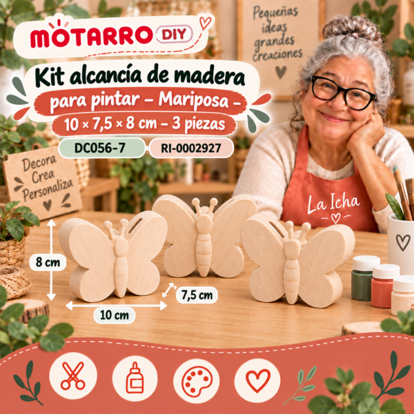 ri-0002927-dc056-7 Kit alcancía de madera para pintar – Mariposa – 10 × 7,5 × 8 cm – 3 piezas