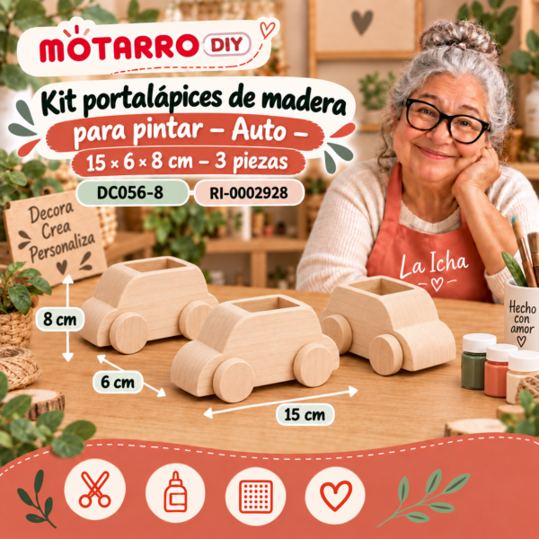 Kit portalápices de madera para pintar – Auto – 15 × 6 × 8 cm – 3 piezas