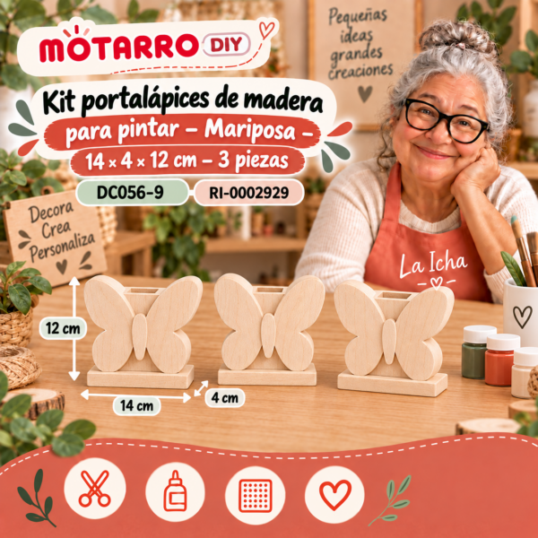 Kit portalápices de madera para pintar – Mariposa – 14 × 4 × 12 cm – 3 piezas