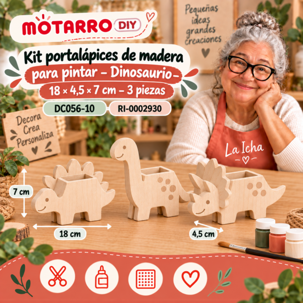 Kit portalápices de madera para pintar – Dinosaurio – 18 × 4,5 × 7 cm – 3 piezas