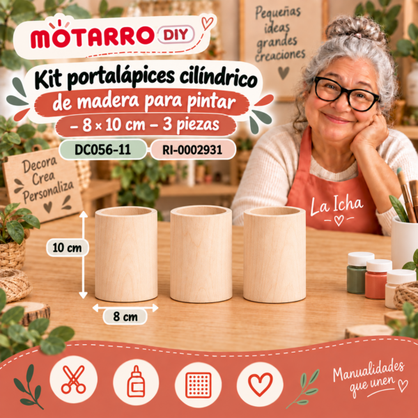 Kit portalápices cilíndrico de madera para pintar – 8 × 10 cm – 3 piezas