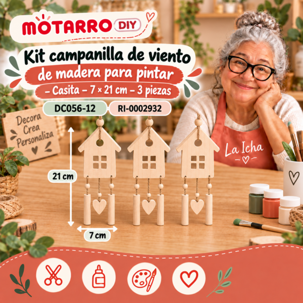 Kit campanilla de viento de madera para pintar – Casita – 7 × 21 cm – 3 piezas