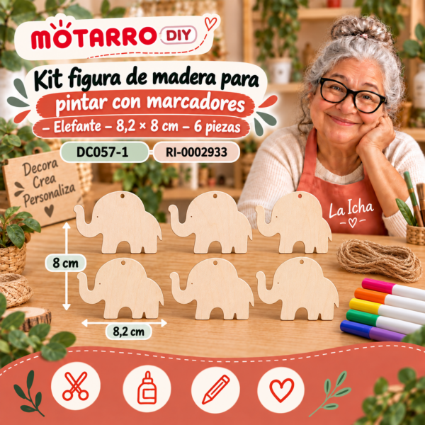 Kit figura de madera para pintar con marcadores – Elefante – 8,2 × 8 cm – 6 piezas