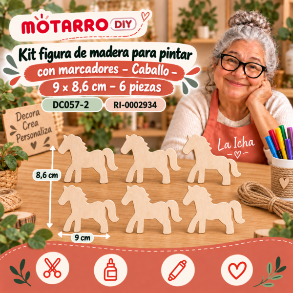 Kit figura de madera para pintar con marcadores – Caballo – 9 × 8,6 cm – 6 piezas
