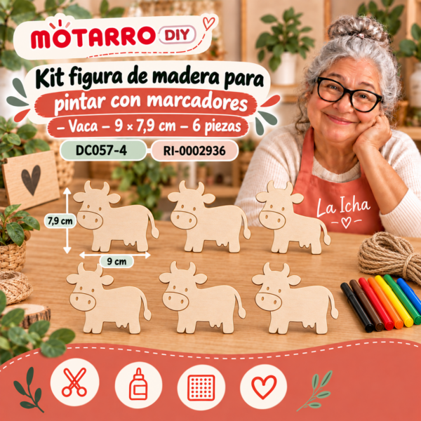 ri-0002936-dc057-4 Kit figura de madera para pintar con marcadores – Vaca – 9 × 7,9 cm – 6 piezas