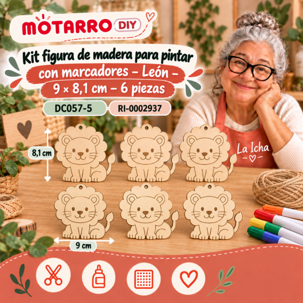 Kit figura de madera para pintar con marcadores – León – 9 × 8,1 cm – 6 piezas