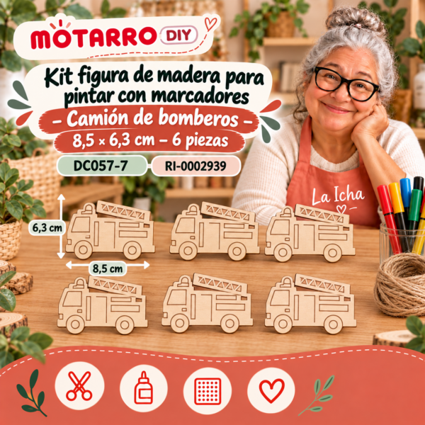 Kit figura de madera para pintar con marcadores – Camión de bomberos – 8,5 × 6,3 cm – 6 piezas
