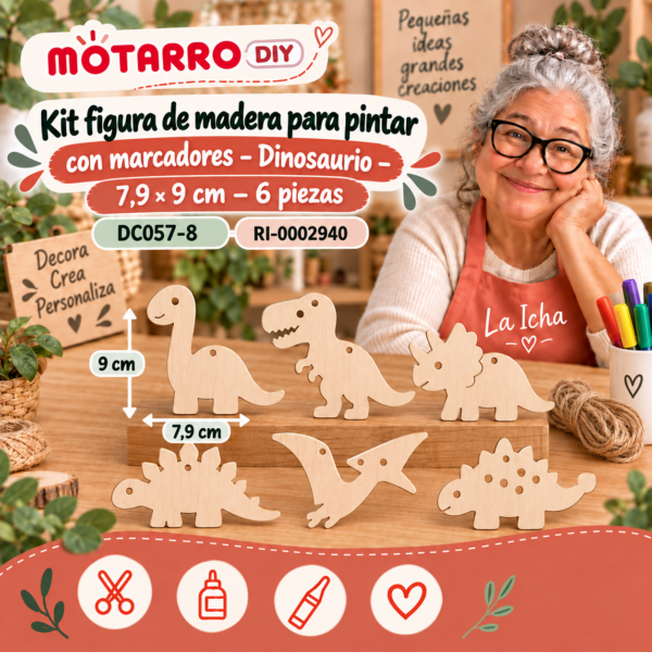 Kit figura de madera para pintar con marcadores – Dinosaurio – 7,9 × 9 cm – 6 piezas