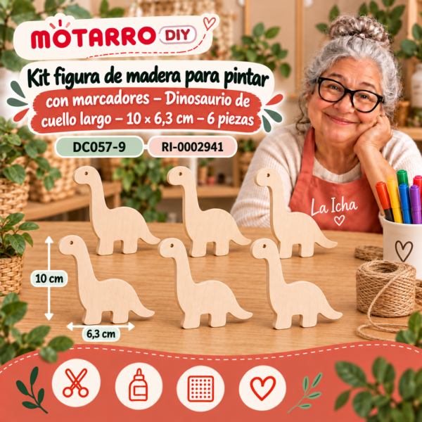 Kit figura de madera para pintar con marcadores – Dinosaurio de cuello largo – 10 × 6,3 cm – 6 piezas