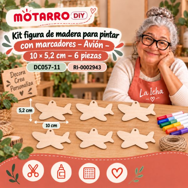 Kit figura de madera para pintar con marcadores – Avión – 10 × 5,2 cm – 6 piezas
