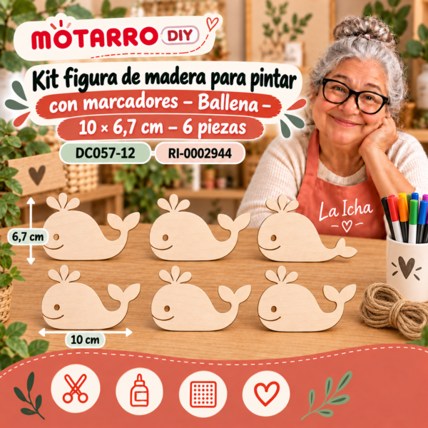 Kit figura de madera para pintar con marcadores – Ballena – 10 × 6,7 cm – 6 piezas