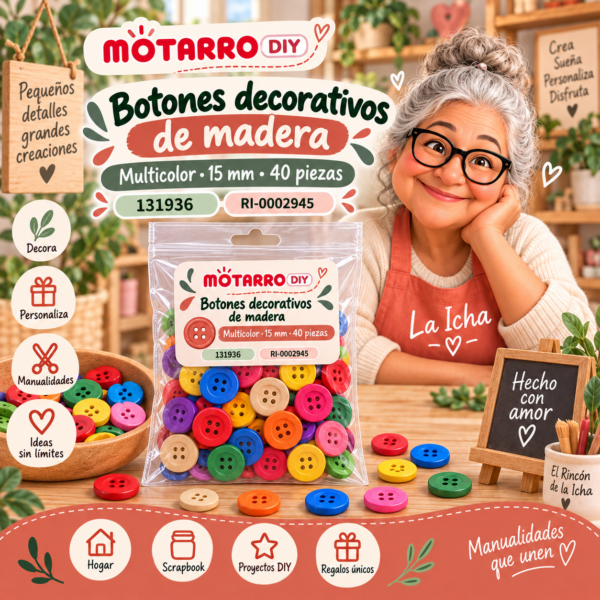 Botones decorativos de madera – Multicolor – 15 mm – 40 piezas