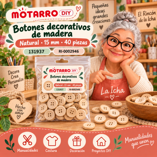 ri-0002946-131937 Botones decorativos de madera – Natural – 15 mm – 40 piezas