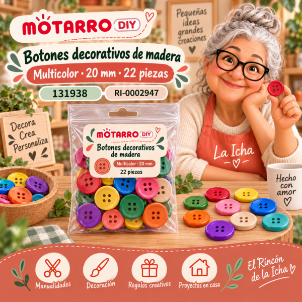 Botones decorativos de madera – Multicolor – 20 mm – 22 piezas