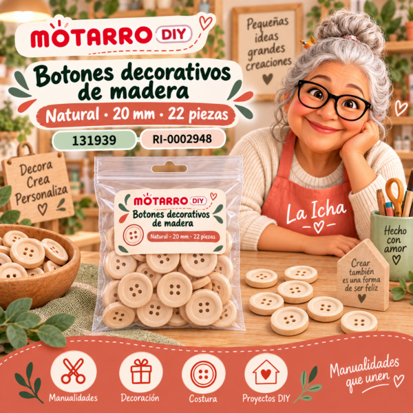ri-0002948-131939 Botones decorativos de madera – Natural – 20 mm – 22 piezas