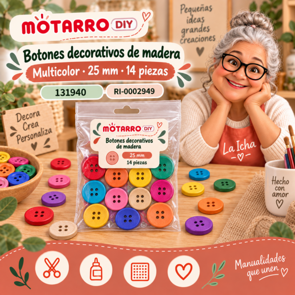 Botones decorativos de madera – Multicolor – 25 mm – 14 piezas