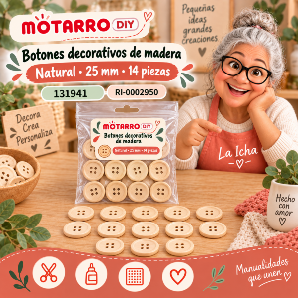 ri-0002950-131941 Botones decorativos de madera – Natural – 25 mm – 14 piezas