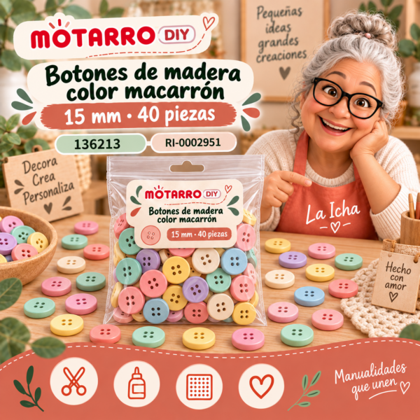 Botones decorativos de madera color macarrón – 15 mm – 40 piezas