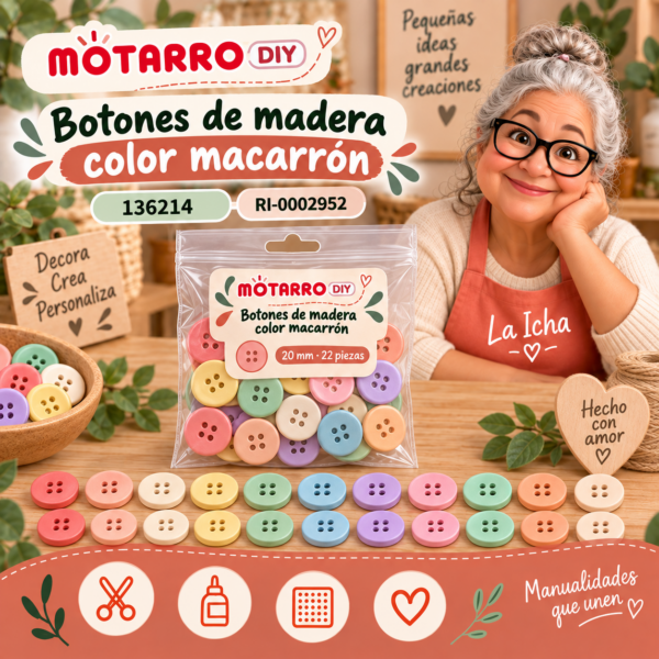 ri-0002952-136214 Botones decorativos de madera color macarrón – 20 mm – 22 piezas