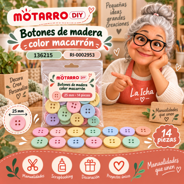 ri-0002953-136215 Botones decorativos de madera color macarrón – 25 mm – 14 piezas