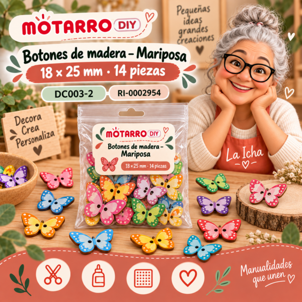 Botones de madera para manualidades – Mariposa – 18 × 25 mm – 14 piezas