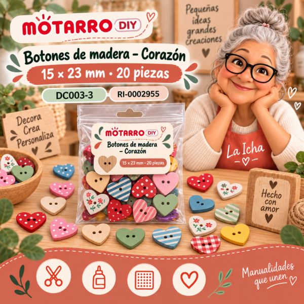 ri-0002955-dc003-3 Botones de madera para manualidades – Corazón – 15 × 23 mm – 20 piezas