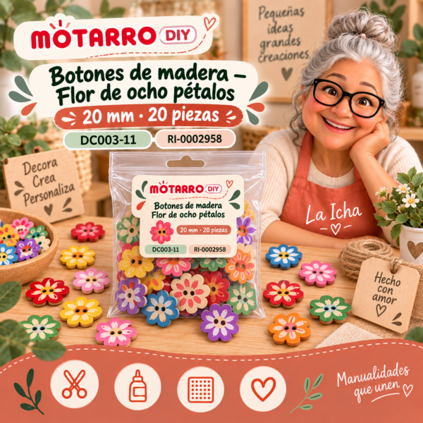 Botones de madera para manualidades – Flor de ocho pétalos – 20 mm – 20 piezas