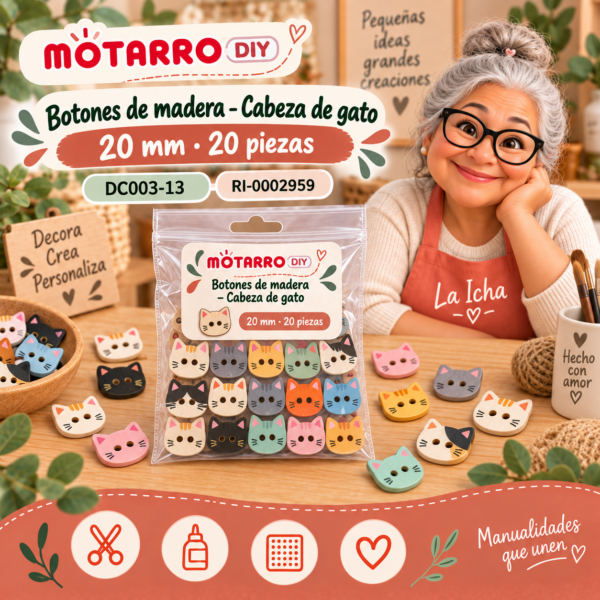 Botones de madera para manualidades – Cabeza de gato – 20 mm – 20 piezas