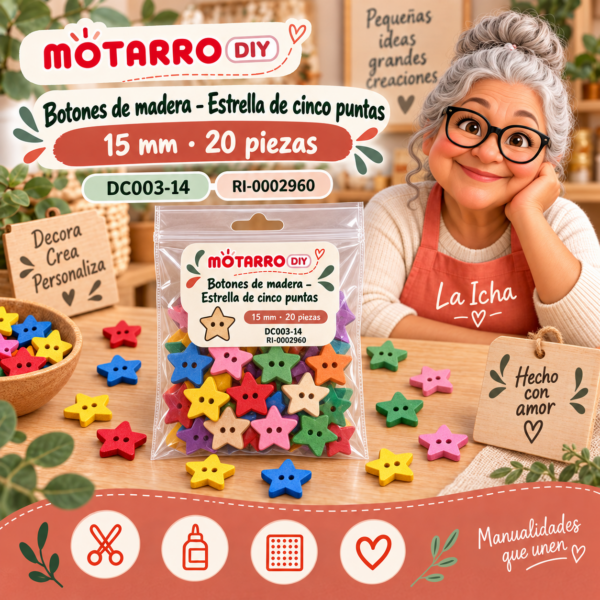 ri-0002960-dc003-14 Botones de madera para manualidades – Estrella de cinco puntas – 15 mm – 20 piezas