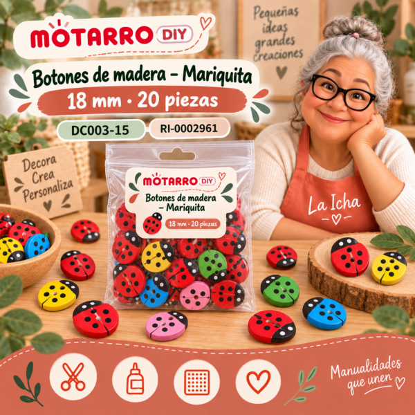 ri-0002961-dc003-15 Botones de madera para manualidades – Mariquita – 18 mm – 20 piezas