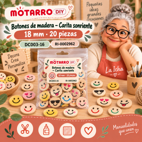 ri-0002962-dc003-16 Botones de madera para manualidades – Carita sonriente – 18 mm – 20 piezas